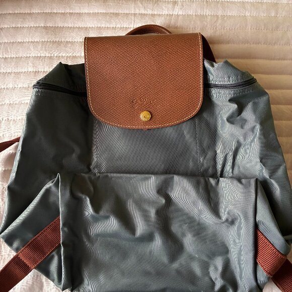 Longchamp Le Pliage Gray Nylon and Brown Leather Backpack - Picture 5 of 9